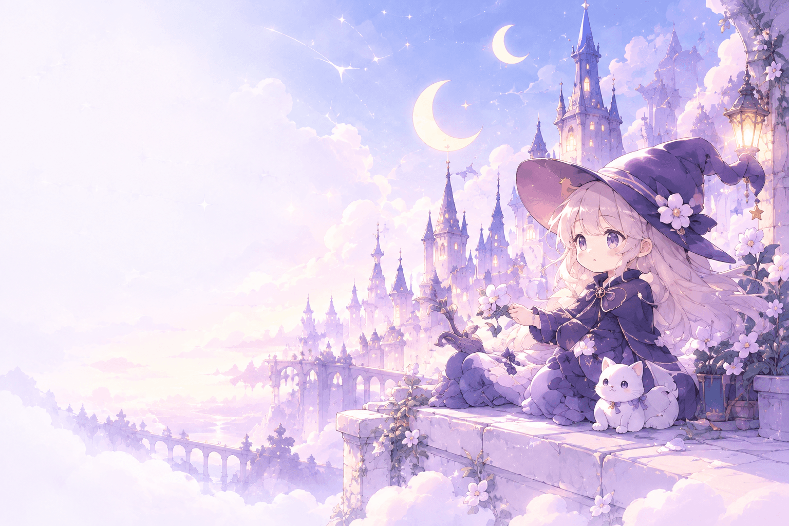 A little witch and her white cat beside a lavender fairytale castle